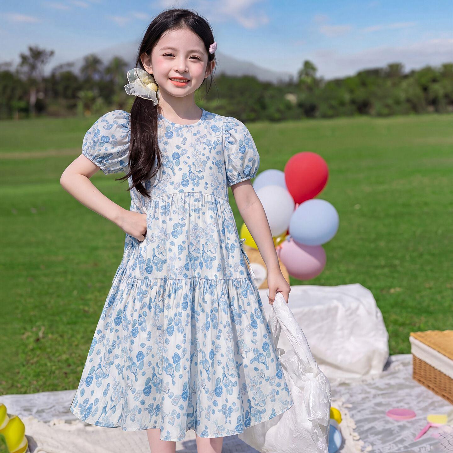 2026 Girls  Summer Floral Print Princess Dress - Lightweight Holiday Style 150 cm