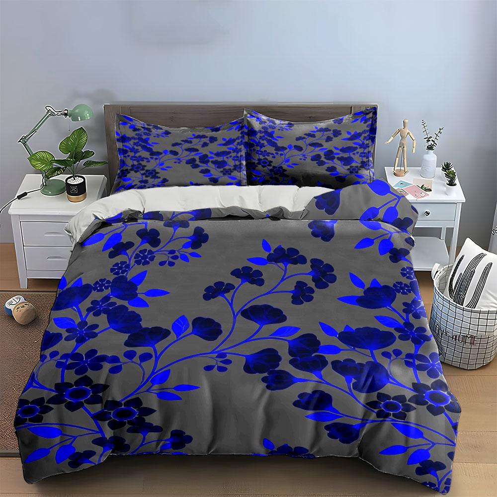 Cobalt Blue Twig Floral Duvet Cover Set, Gray Chinese Porcelain Style Bedding Includes 1 Duvet Cover And 2 Pillowcase, Gift