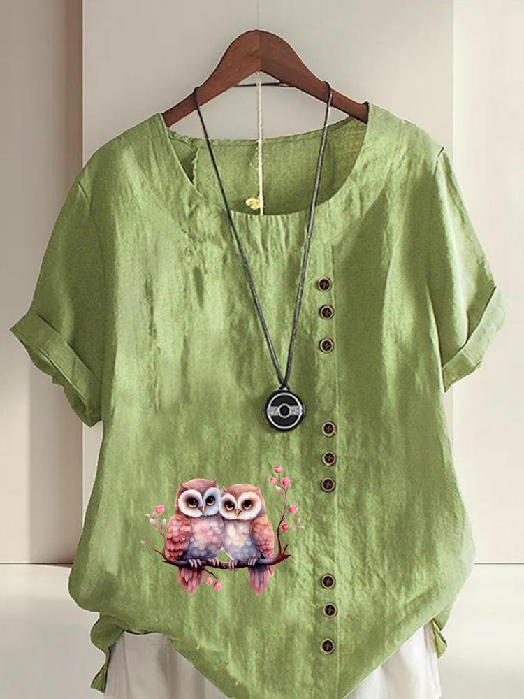 Women's Fashion Couple Owl Print Shot Sleeve T-shirt Loose Cotton Shirt Casual Loose Summer Blouse Tops Plus Size