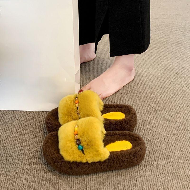 Beaded warm one-word cotton slippers thick bottom heightening fluffy slippers women wear autumn and winter new fashion versatile