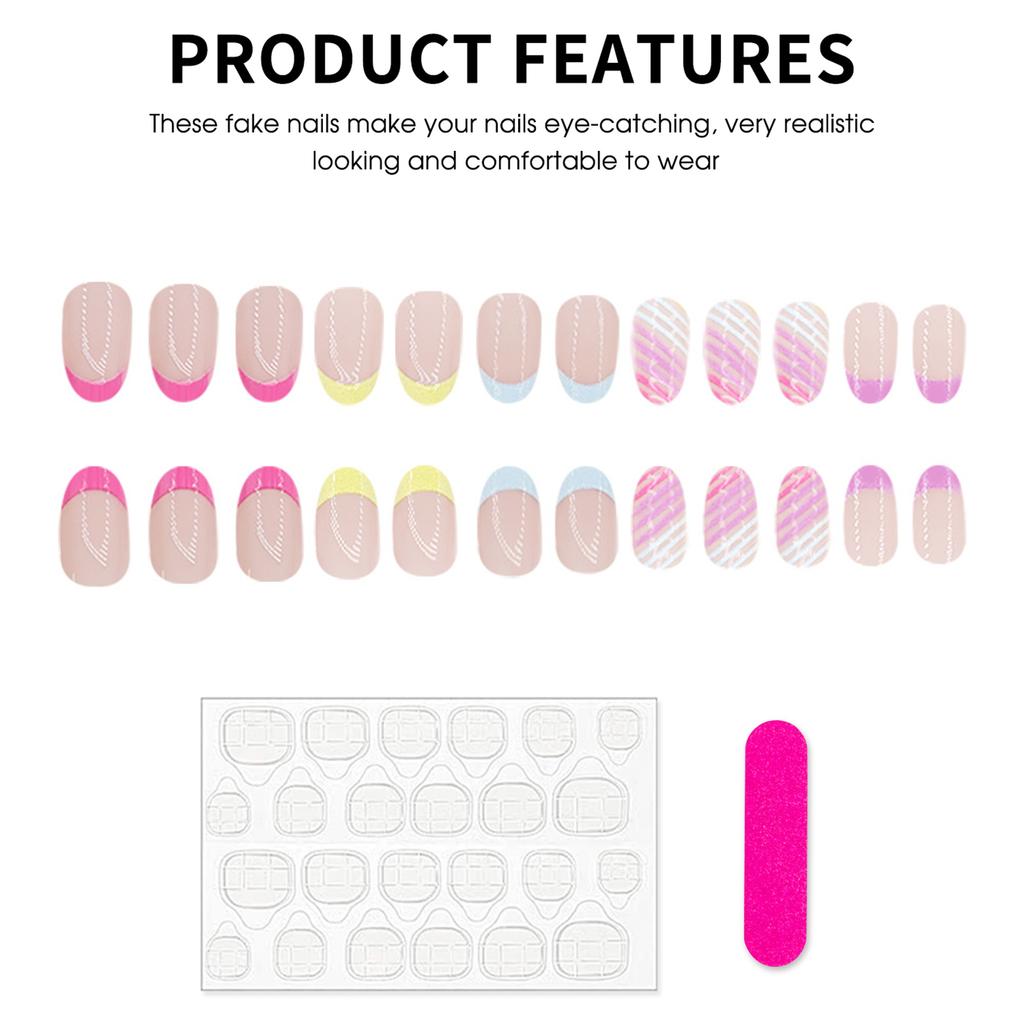 24PCS Nude Short Fake Nails with Colorful Tip Long Lasting Safe Material Waterproof False Nails for Stage Performance Wear