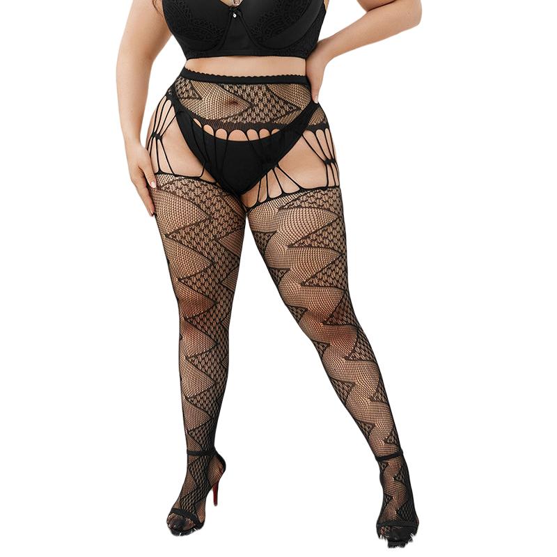 Freeauce Woman Plus Size Fishnets Open Crotchless Pantyhose Knee Thigh High Lace Sexy Stockings With Garter Belt Tights 5Xxxxxl