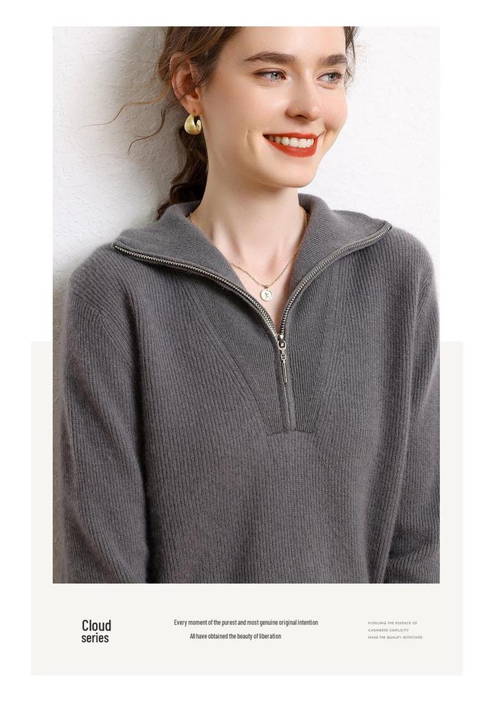 2024 Autumn/Winter Women's Cashmere Polo Collar Sweater with Yuanbao Stitch and Zipper - Long Sleeve, Warm, Versatile Knit.