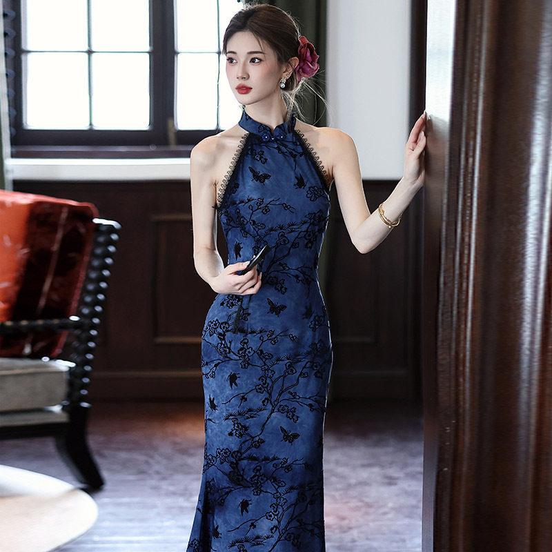 Purple fishtail neck national style new Chinese long cheongsam improved young 1011 new women's high-end dress