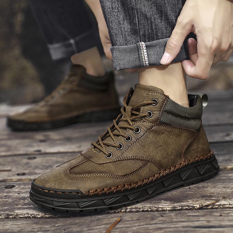 Men's Retro Genuine Leather Large Size Casual Shoes Winter Plus Velvet Warm Ankle Boots Spring and Autumn Men's Mid-cut Short Boots