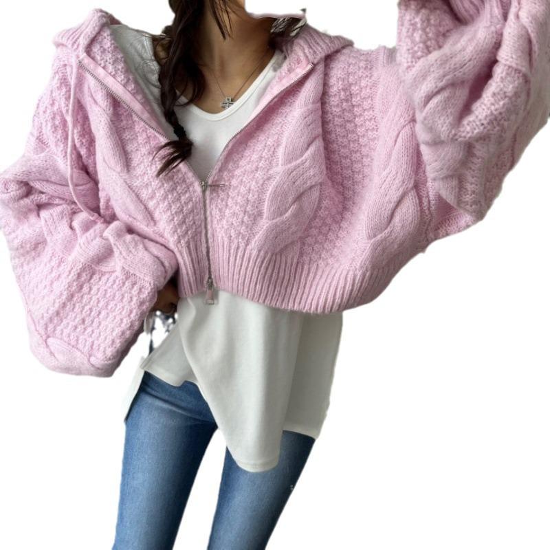 Korean Hooded Cable Knit Zip-Up Short Cardigan - Fresh Autumn Solid Color Tie Sweater Coat