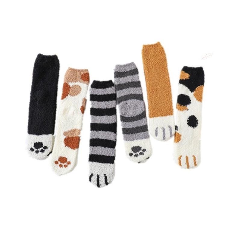 Chaussettes en peluche velours corail pour femmes, automne hiver patte de chat, jolies chaussettes de sol épaisses et chaudes