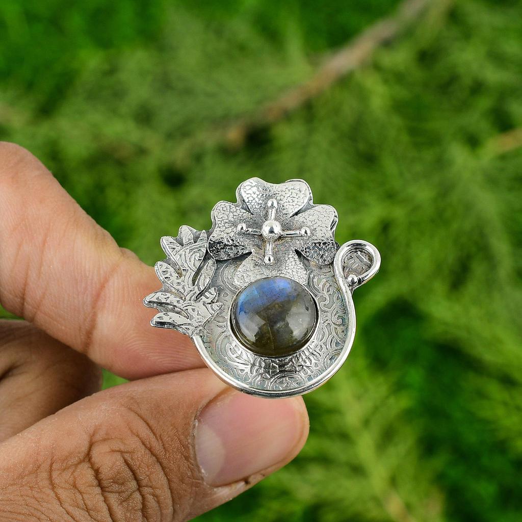 925 Sterling Silver Labradorite Stone Handcrafted Flower Bezel Wife Ring Jewelry