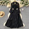 Women's Casual Dresses - Spring Autumn Women Vintage Draped Long Maxi Dress A Line Single Breasted Long Sleeve Turn Down Collar Red Green Purple