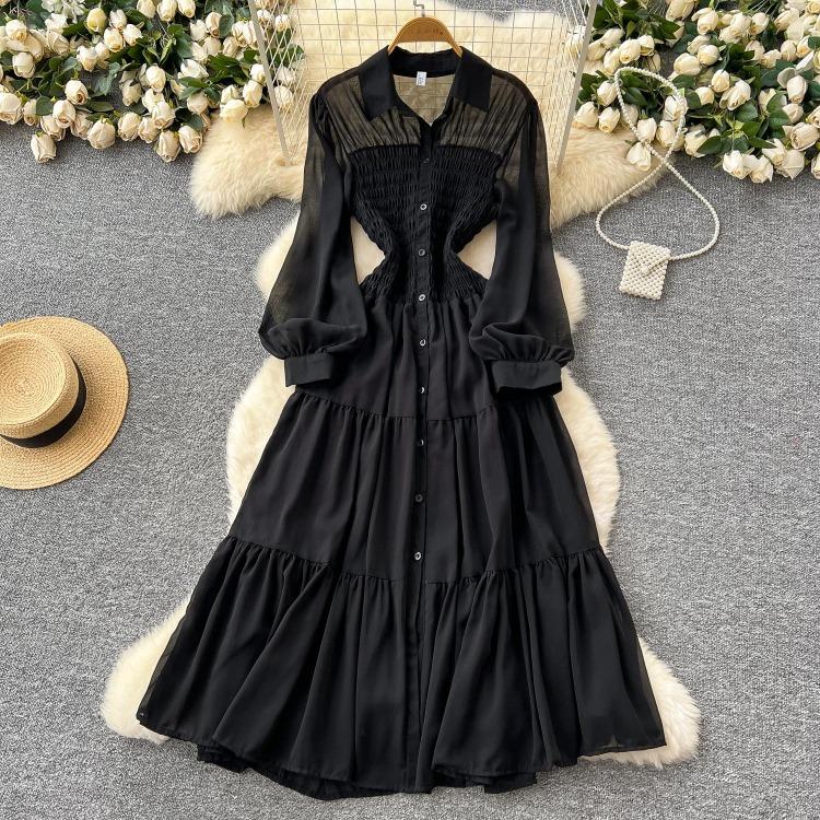Women's Casual Dresses - Spring Autumn Women Vintage Draped Long Maxi Dress A Line Single Breasted Long Sleeve Turn Down Collar Red Green Purple