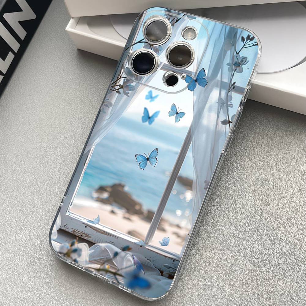 Blue Butterfly Ocean Waves Phone Case For iPhone 17 15 14 13 11 12 16 Pro Max Plus Mini Transparent Silicone Soft Funda