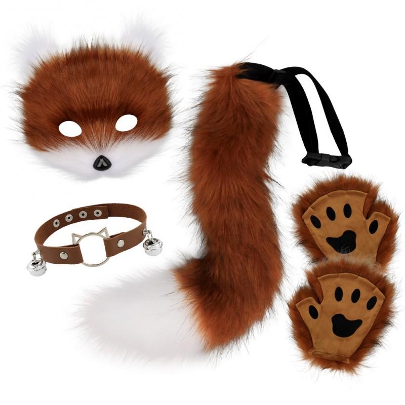 Halloween Fox Mask Set With Paws Gloves Cute Collar Furry Tail Cosplay Costume Party