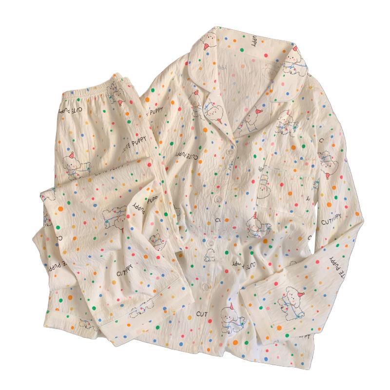 Color Polka Dot Puppy Pajamas Women'S Spring And Autumn Cloud Cotton Long-Sleeved Thin Cartoon Cute Home Set