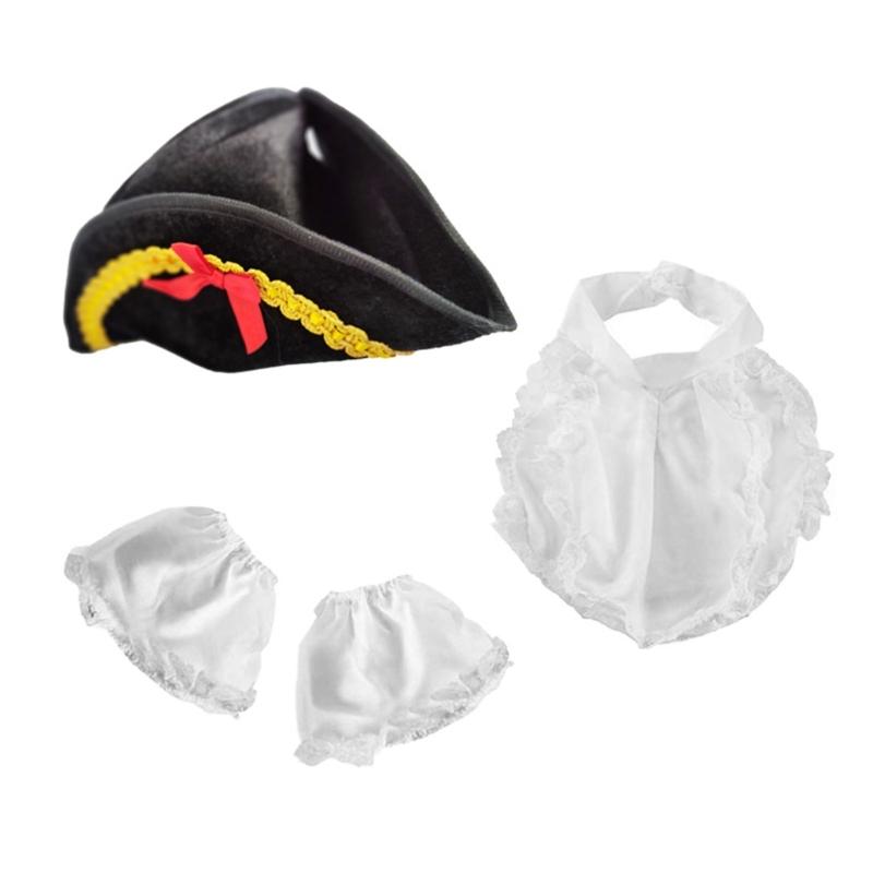 Black Pirate Hat Colonial Tricorn Hat with Gold Trimming White Cuffs Apron Set Halloween Costume Hat Funny Party Hat