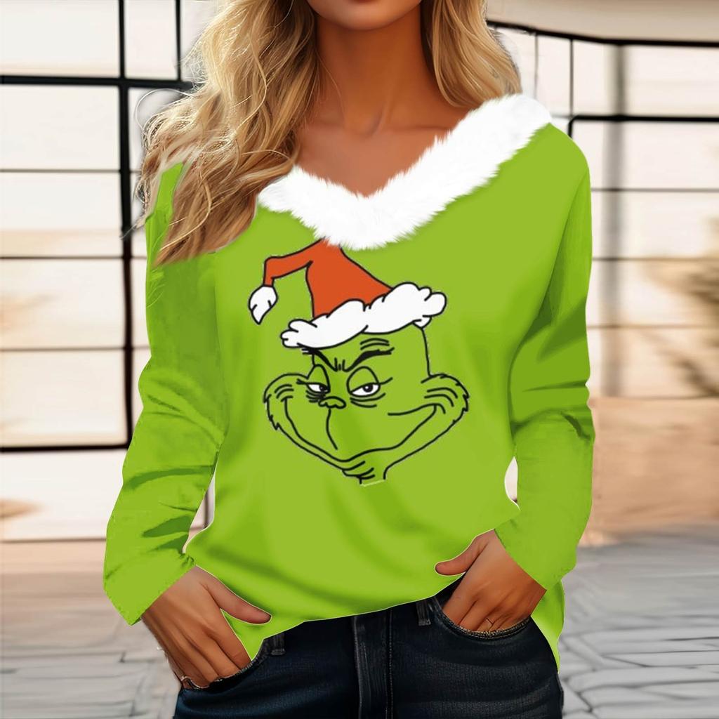 Women's T Shirt Tee Christmas Shirt Long Sleeve Party Christmas Fleece Collar V Neck Top