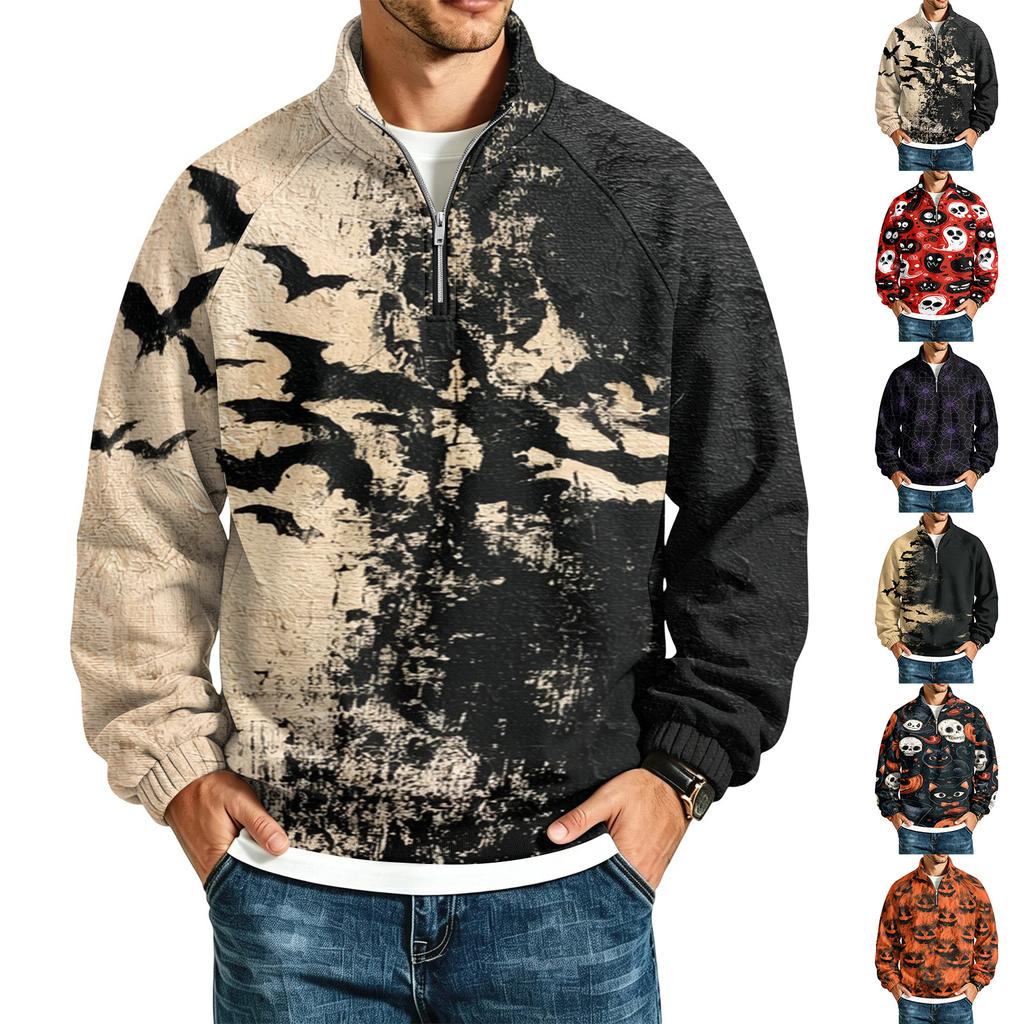 Men's Loose Fit Raglan Sleeve Sweatshirt with Stand Collar and Halloween Print for Parties and Daily Wear
