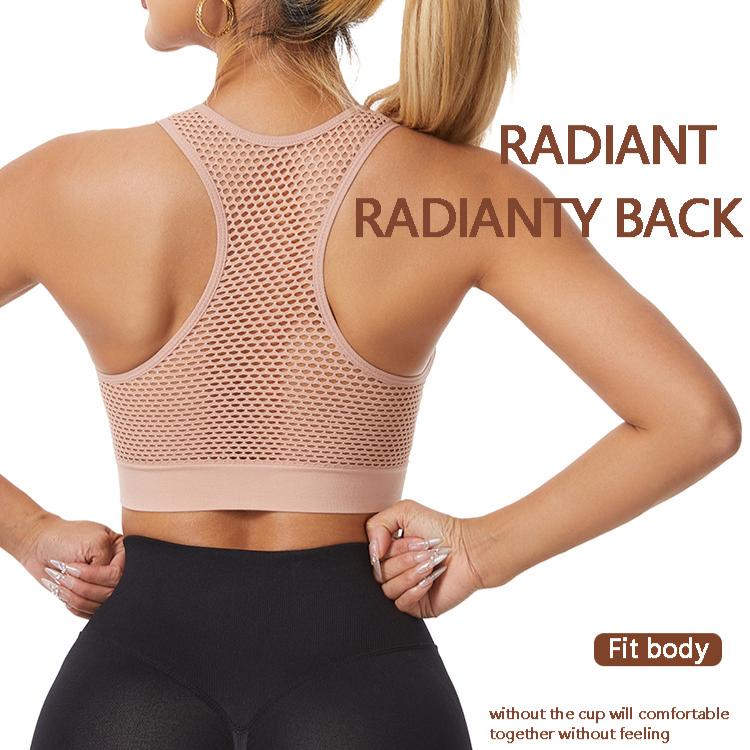 Hul Mesh Front Glidelås Sportsundertøy Kvinner Støtsikker Tanktopp Løping Yoga Fitness BH Skjønnhetsrygg Samlende Stor Størrelse