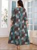 Plus Size V-Neck Floral Patchwork Dress - Women's Middle Eastern Style, Loose Fit, Three-Quarter Sleeve, Casual Vacation Wear