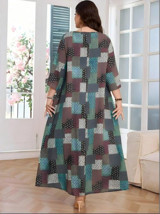 Plus Size V-Neck Floral Patchwork Dress - Women's Middle Eastern Style, Loose Fit, Three-Quarter Sleeve, Casual Vacation Wear