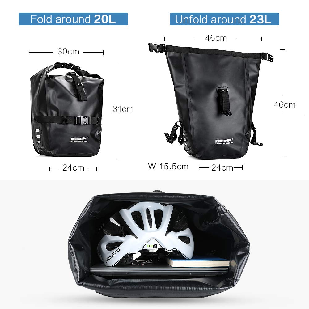 Rhinowalk Bicycle Pannier Bag, Waterproof, 20L Large Capacity, Side Bag, Cycling, Touring Bag, Easy Installation, Quick Release Hook, Reflective, Bicy