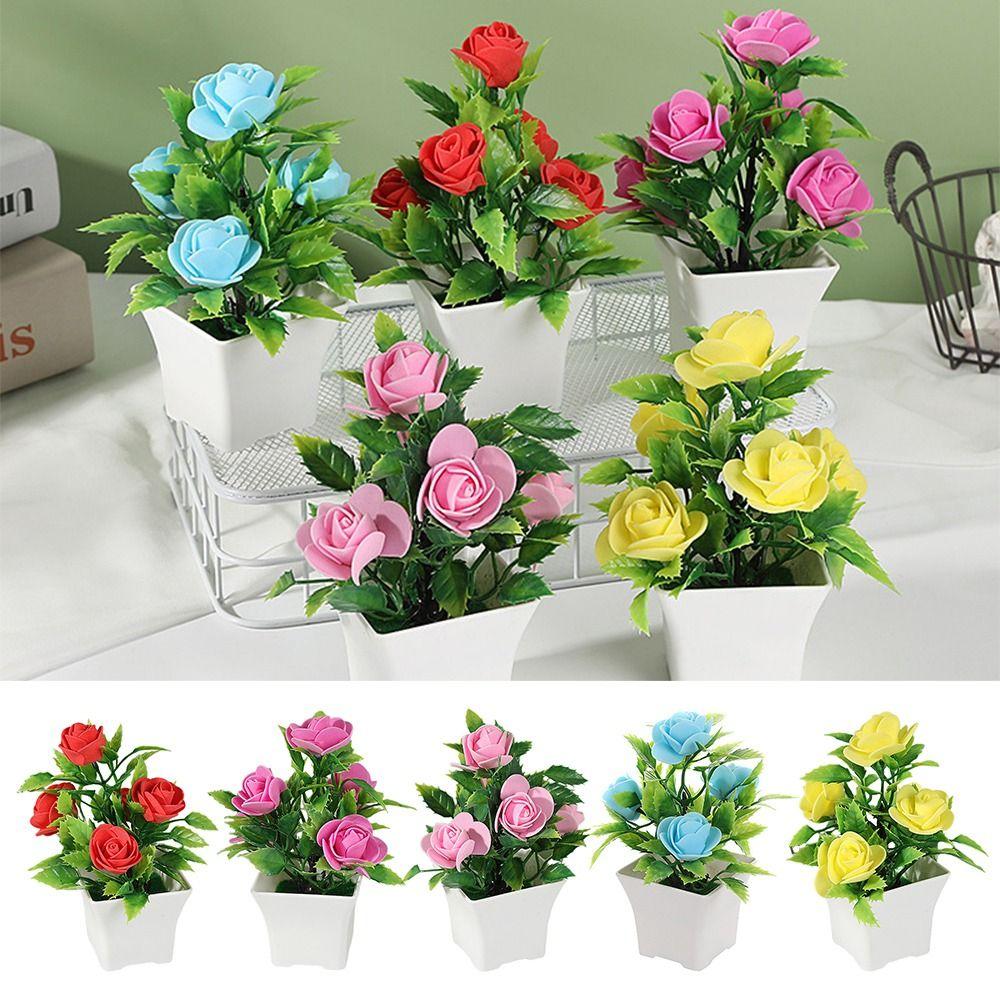 Minilandschaft Künstliche Rose Topfpflanze mit Töpfen Künstlicher Rosen-Bonsai Deko-Set Außendekor
