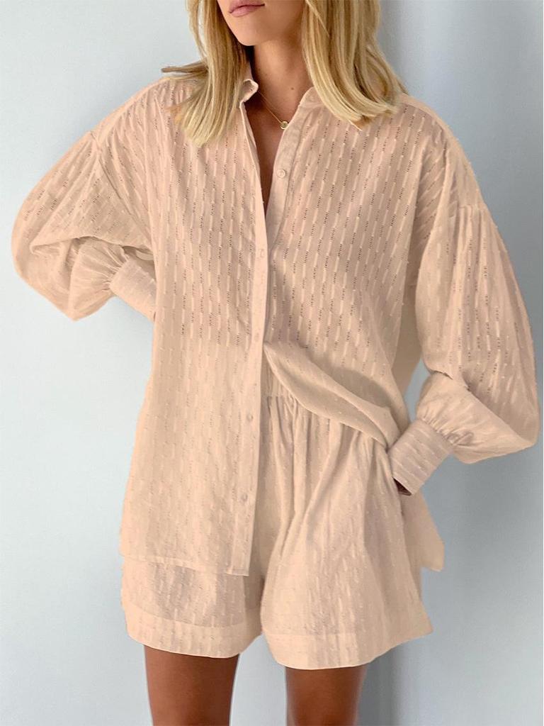 Summer Women's Jacquard Puff Sleeve Cardigan & Shorts Two-Piece Set - 2025