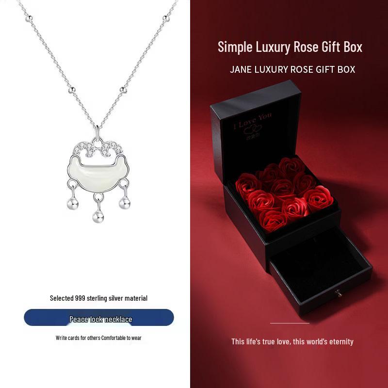 Hetian Jade Women's Necklace: 999 Sterling Silver Peace Lock Pendant, Versatile Clavicle Chain, Ideal Birthday Gift for Girlfriend