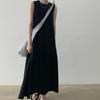 Korean Sleeveless Loose Fit Cotton Linen Dress with Wide Hem