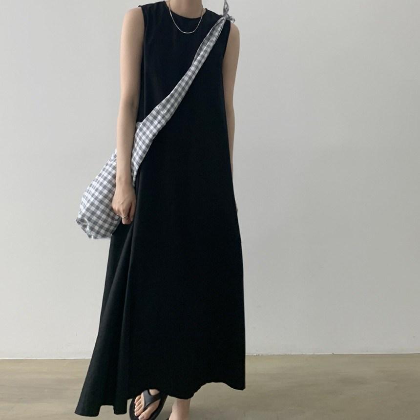 Korean Sleeveless Loose Fit Cotton Linen Dress with Wide Hem