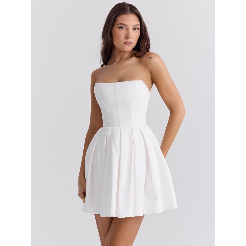 

House Same Style Beautiful White Strapless Dress French Sweet First Date Chic Pleated Sleeveless Dress Dress White Strapless Skirt S