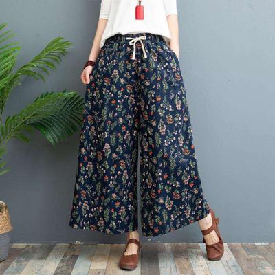 Women's Summer Outer Wear Thin Loose Large Size Linen Floral Eight Points Casual Wide Leg Pants