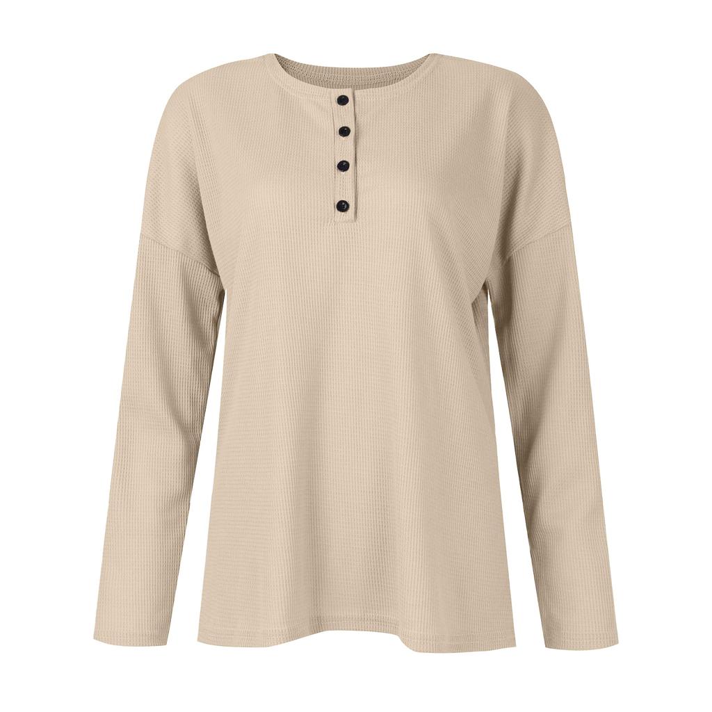 Women's Fashion V-Neck Pullover Button Long Sleeve Solid Color Slim Top