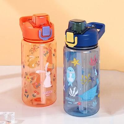 Botellas de Agua con Pajita para Niños de 600 ml Dibujos Animados Anti-caídas para la Escuela Portátil de Plástico Grado Alimenticio Libre de BPA