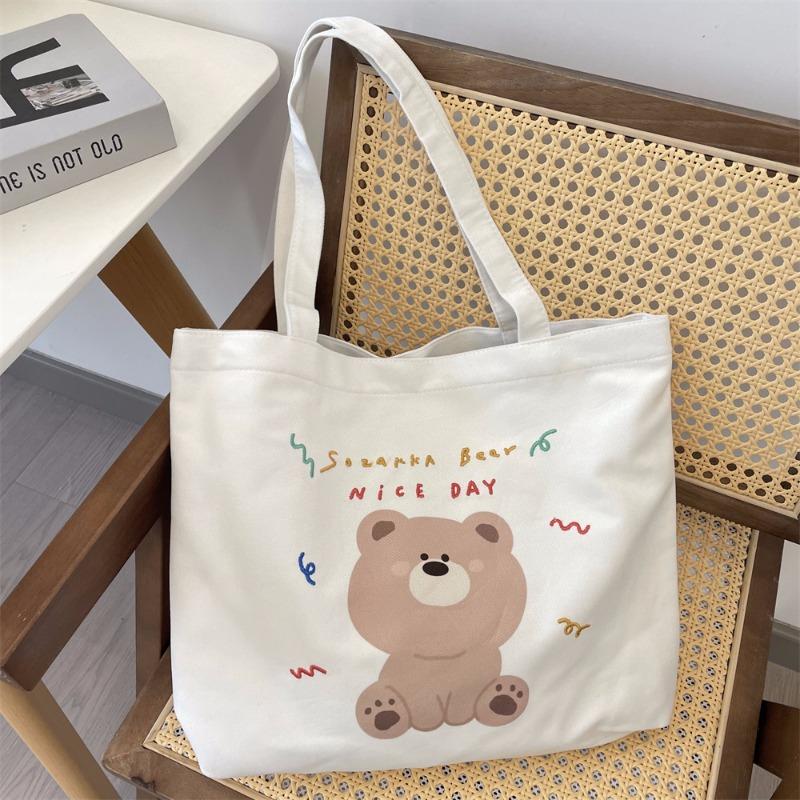 Large Capacity Tote Bag Women's New Trendy Cartoon Bear Printed Shopping Bag Shoulder Bag Canvas Bag