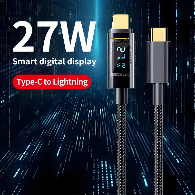 240W Smart Fast Charging Transparent Data Cable with Real-time Digital Display, Compatible with Apple, Huawei, Honor, and Android Devices.