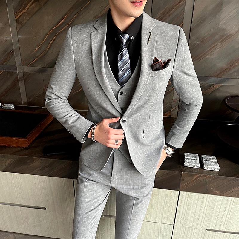 

Spring Men s Slim Fit Casual Korean-Style Three-Piece Suit Blazer M светло-серый
