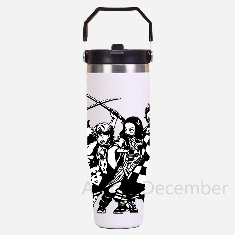30oz Anime Portable Car Cup Stainless Steel Thermos Cup with Straw Travel Sport Water Bottle Handle Cover Coffee Vacuum Flask