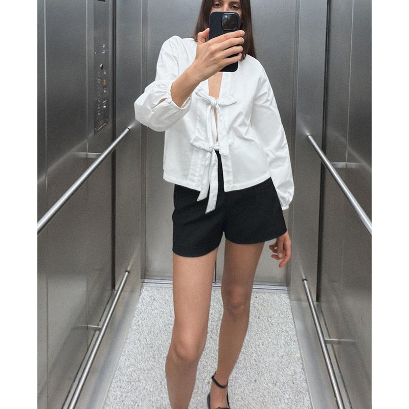 Spring New Women's Clothing Contrast Color Seized Line Bowknot Decoration Poplin Shirt Tops 0387058 2298085