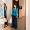 Korean solid color pit strip semi-open neck breasted long-sleeved knitted cardigan autumn new slim jacket top women
