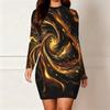 Women Plus Size Round Neck Long Sleeve Red Black Printed Bodycon Mini Dress