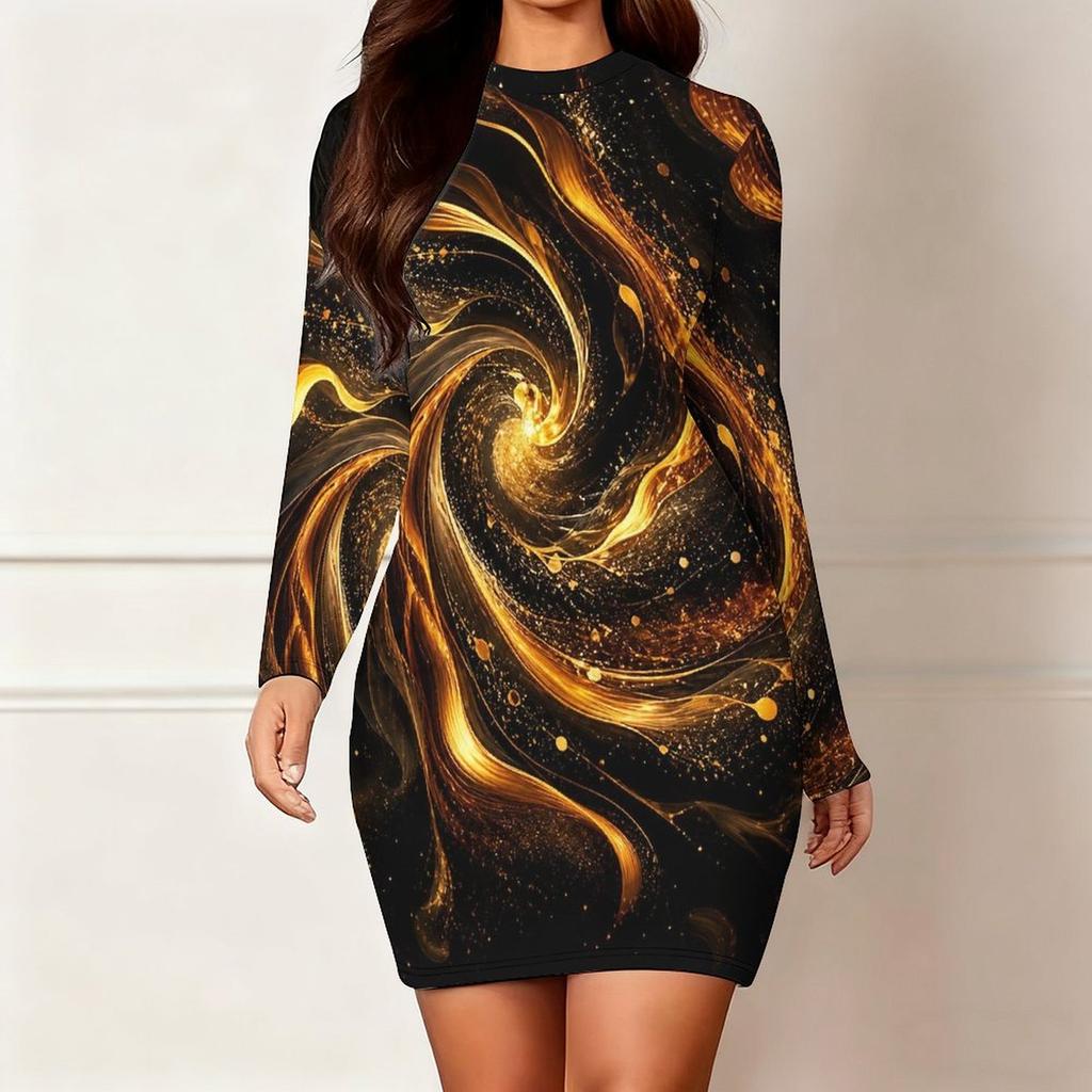 Women Plus Size Round Neck Long Sleeve Red Black Printed Bodycon Mini Dress