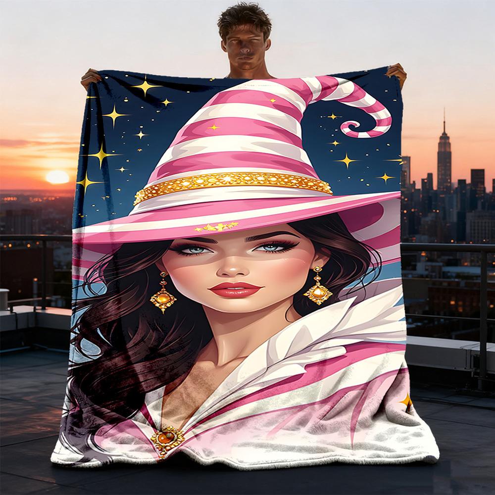 1pc Witch Hat Throw Blanket Polyester Fiber, Lightweight Flannel, Soft & Warm, All Season Use for Outdoor, Camping Digital Print