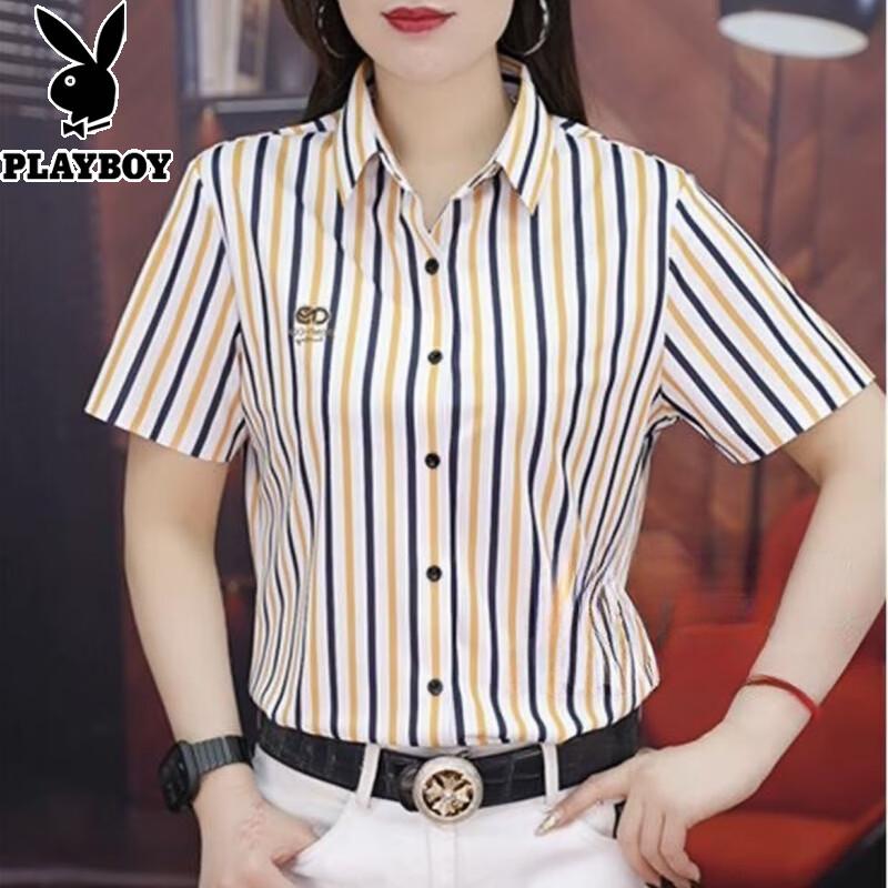 PLAYBOY Men s Summer Ice Silk Striped Wrinkle-Free Short Sleeve Shirt 4XL