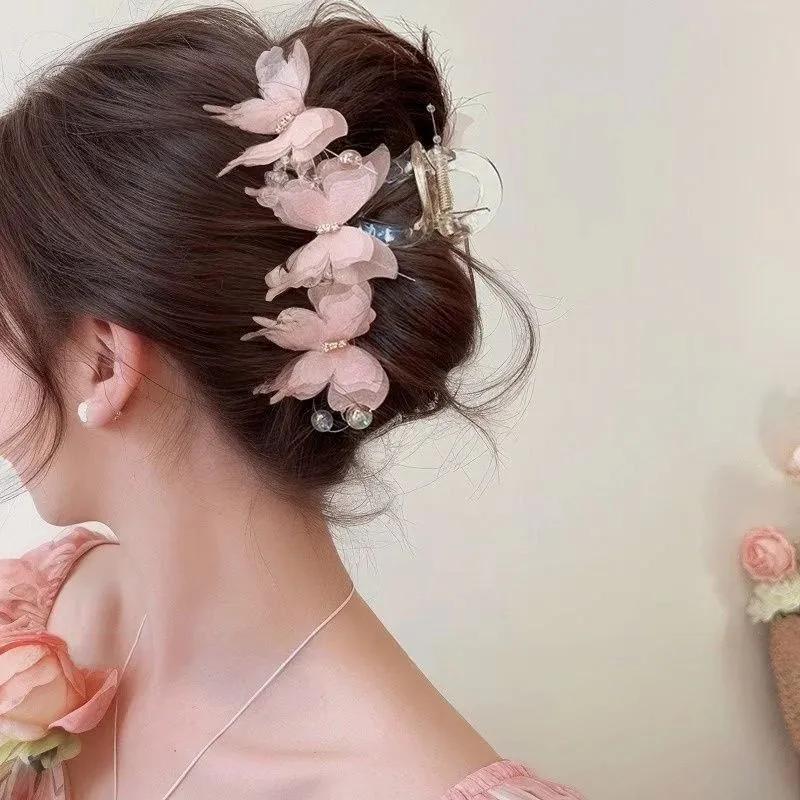 

Butterfly Hair Claw Clip with Fabric Flowers and Bead Accents Large Hair Claw for Women Girls Hair Accessories for Styling and Holding Hair One Size
