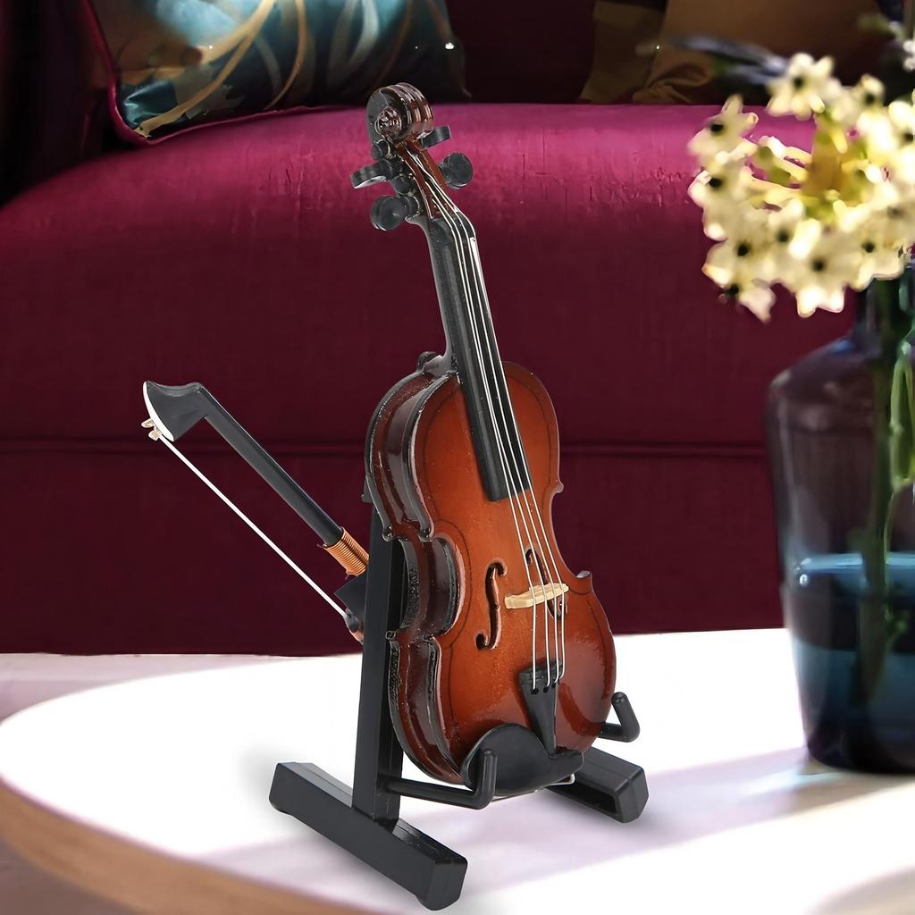 Wooden Miniature Violin with Stand and Bow Mini Simulation Violin Instrument Model Crafts Gift Home Office Ornament For Kids