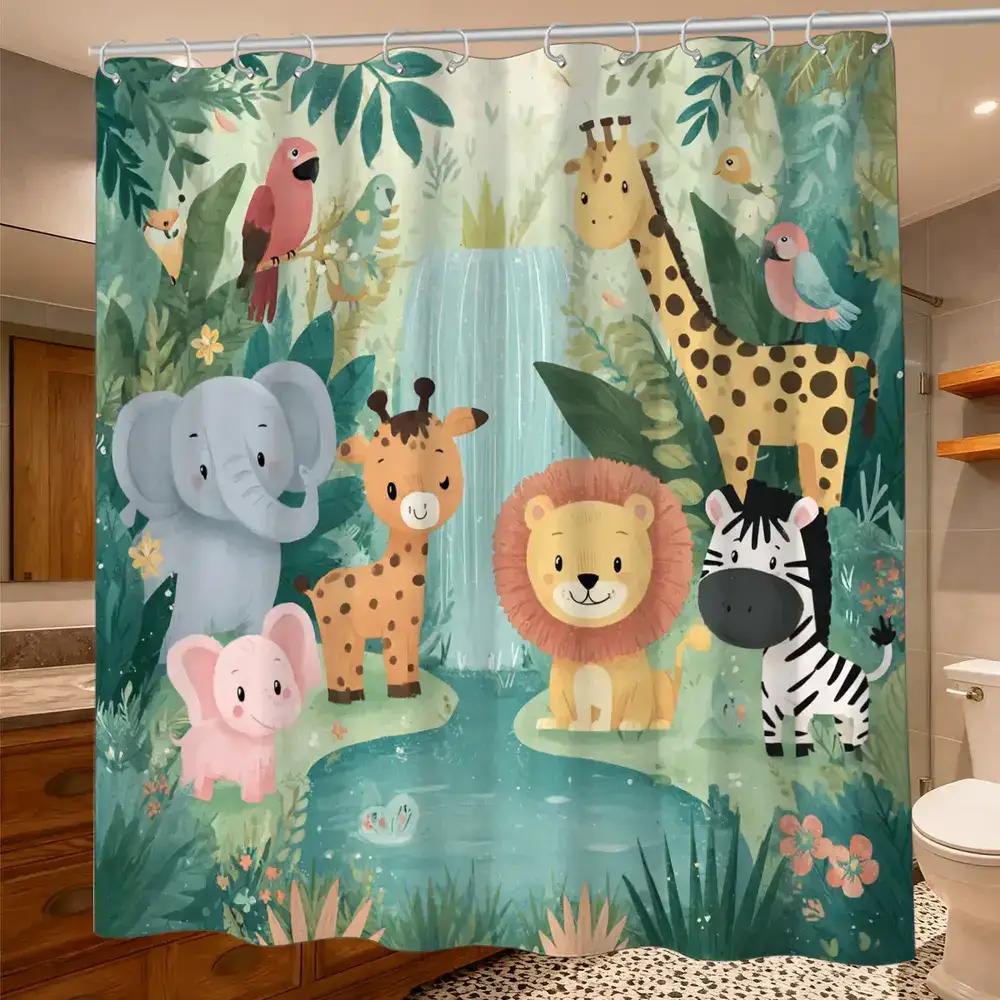 

Jungle Animal Shower Curtain – Cute Elephant, Giraffe, Lion & Zebra In Rainforest, 12 Hooks, Waterproof Kids Bathroom Decor W60H190(CM)-1 Pcs