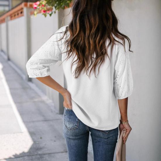 Women T-shirt V-Neck Jacquard Decor 3/4 Sleeves Pullover Tops Solid Color Loose Fit Tops Party Daily Wear