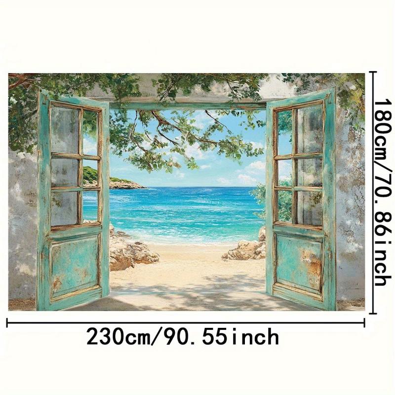 1pc, 2D flat, sea view window beach theme background - for photography background, home decoration, summer decoration, wsj