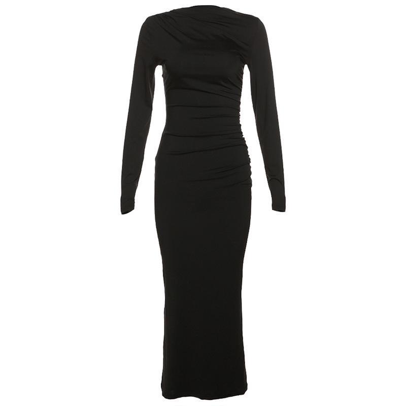 New Women's Round Neck Long Sleeved Bodycon Dresses Tight Casual Solid Color Wrap Long Dress Clothing