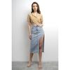 Women's Blue Denim Color Long Denim Skirt With Deep Slit Detail On The Side